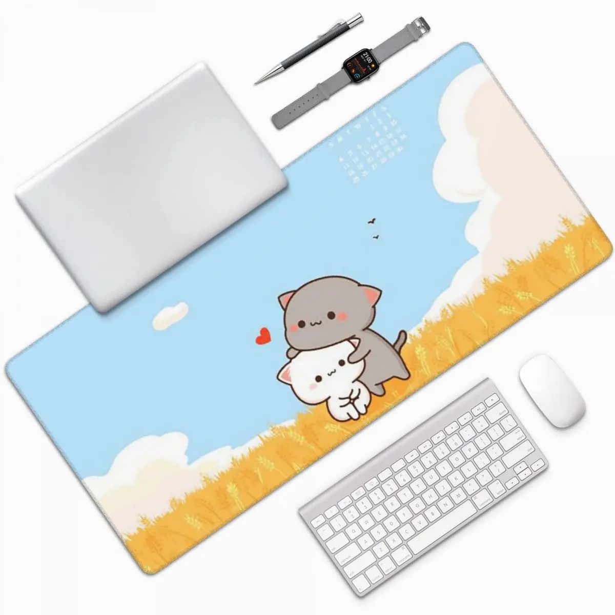 Peach Mochi Cat Cartoon Large Mouse Pad Computer Keyboard Mouse Mat Gamer PC Laptop Desk Mat Office Accessories Table Mats
