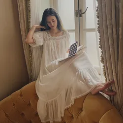 Summer Short Sleeves Cotton Nightwear Lace Square Collar Cotton Nightdress Princess Victoria White Long Nightgowns Loose Gowns