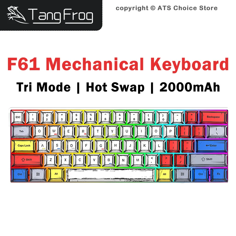 TangFrog F61 Mechanical Keyboard 61 Keys 60% Tri Mode Bluetooth 2.4G USB-C Wired Hot Swap ARGB Silver Moon Switch 2000mAh