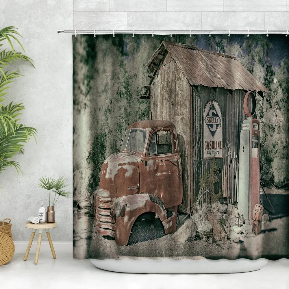 Old Truck Shower Curtain Set Farm Haystack Wheat Field Rural Natural Landscape Bathroom Decoration Fabric Hanging Curtains Hooks