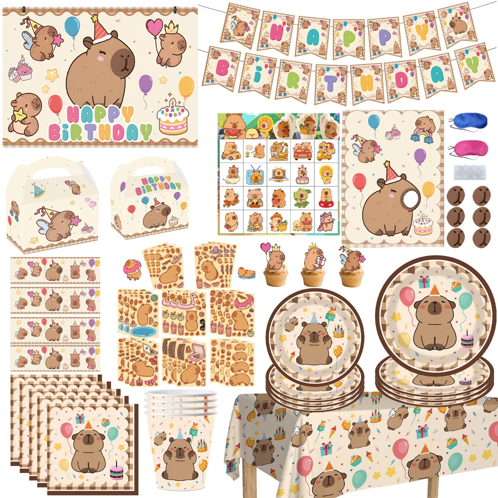 

Capybara Theme Birthday Party Decoration Tableware Set Slap Bracelet Cups Napkins Plate Balloon Gift Bag Tablecloth Party Favors
