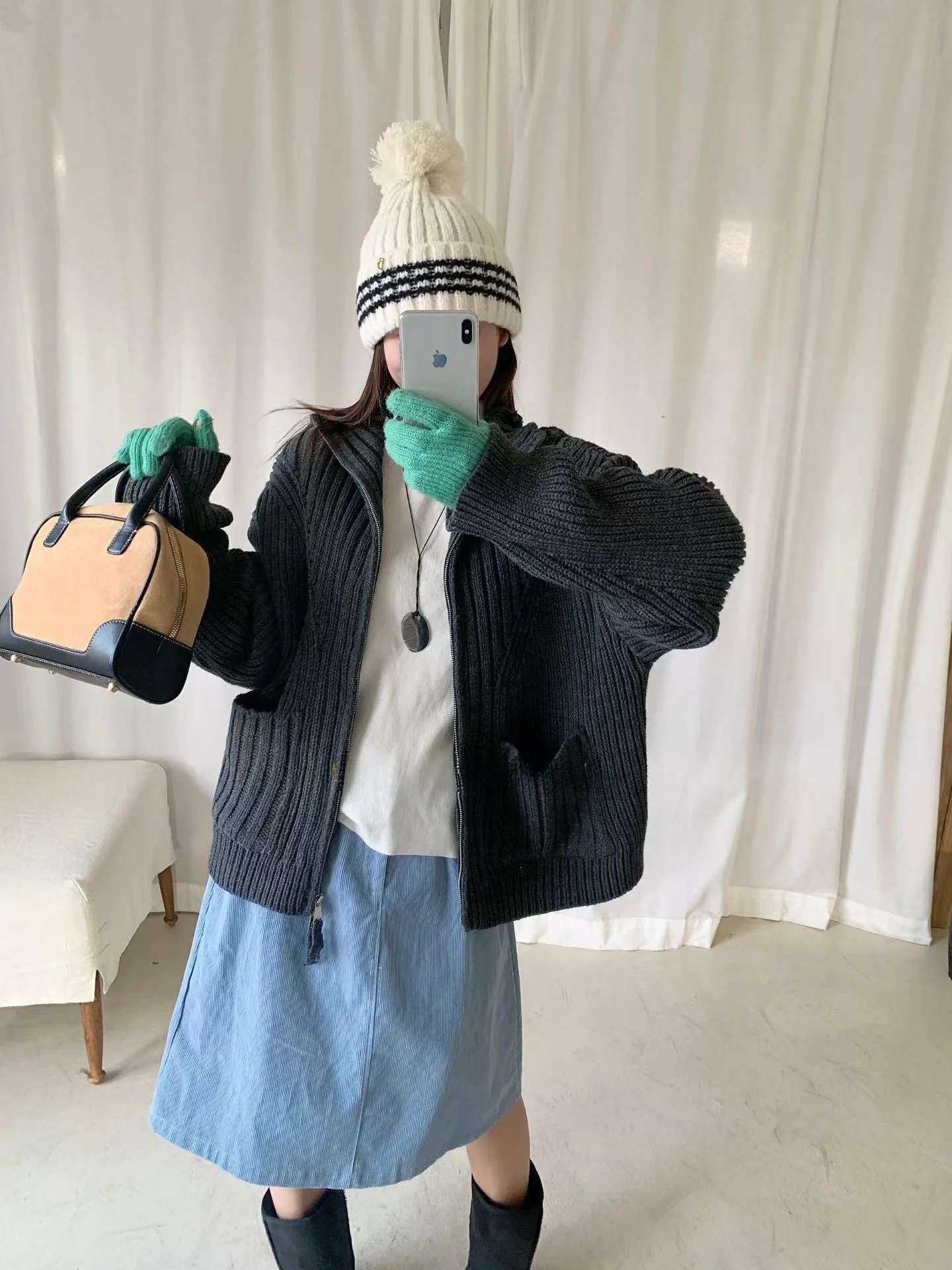 Koreański sweter-kabát z dzianiny, podwójny zamek błyskawiczny, wysoki kołnierz, wzór ket, styl Dongdaemun, nowość, odzież wierzchnia na jesień i zimę.