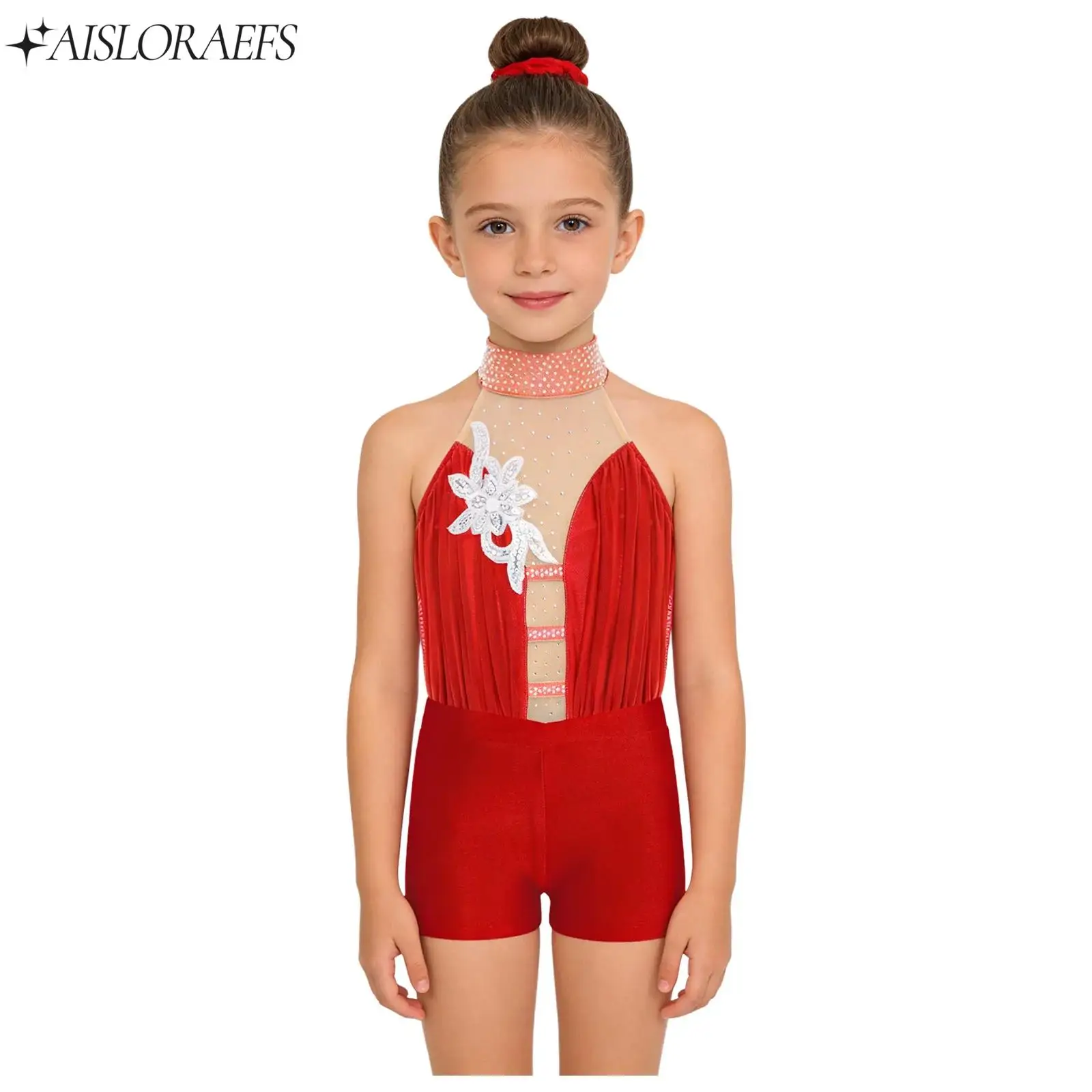 

Kids Girls Figure Skating Rhythmic Gymnastics Leotard Sleeveless Applique Leotard+Shorts+Hairband Set for Ballerina Performance