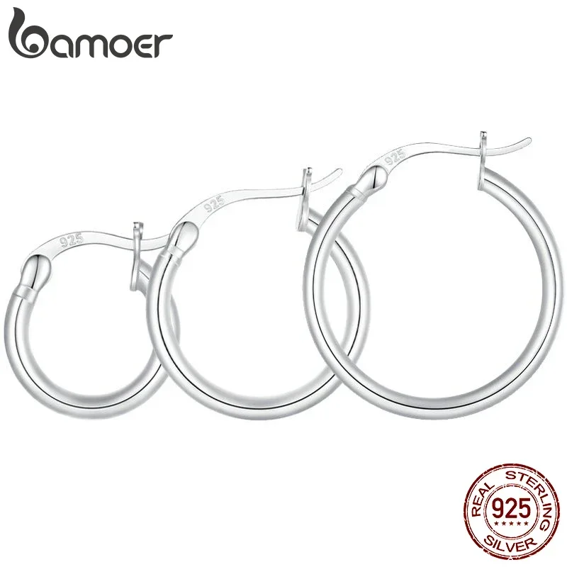 

BAMOER 925 Sterling Silver Bold Classic Hypoallergenic Hoop Earrings, 14K White Gold Plated Standard Tube Earrings for Women