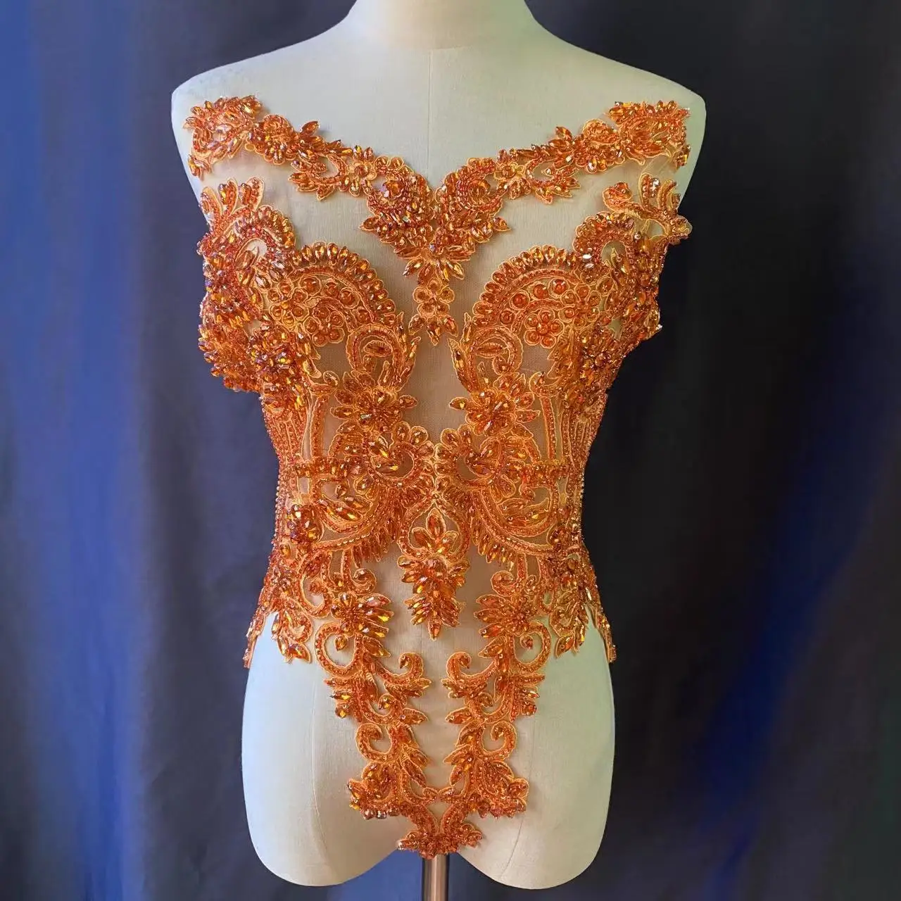 Free Shipping 1 Piece Large Orange Beads Flower Applique Heavy Rhinestone Floral Bodice Patch for Couture Dress,Royal Blue