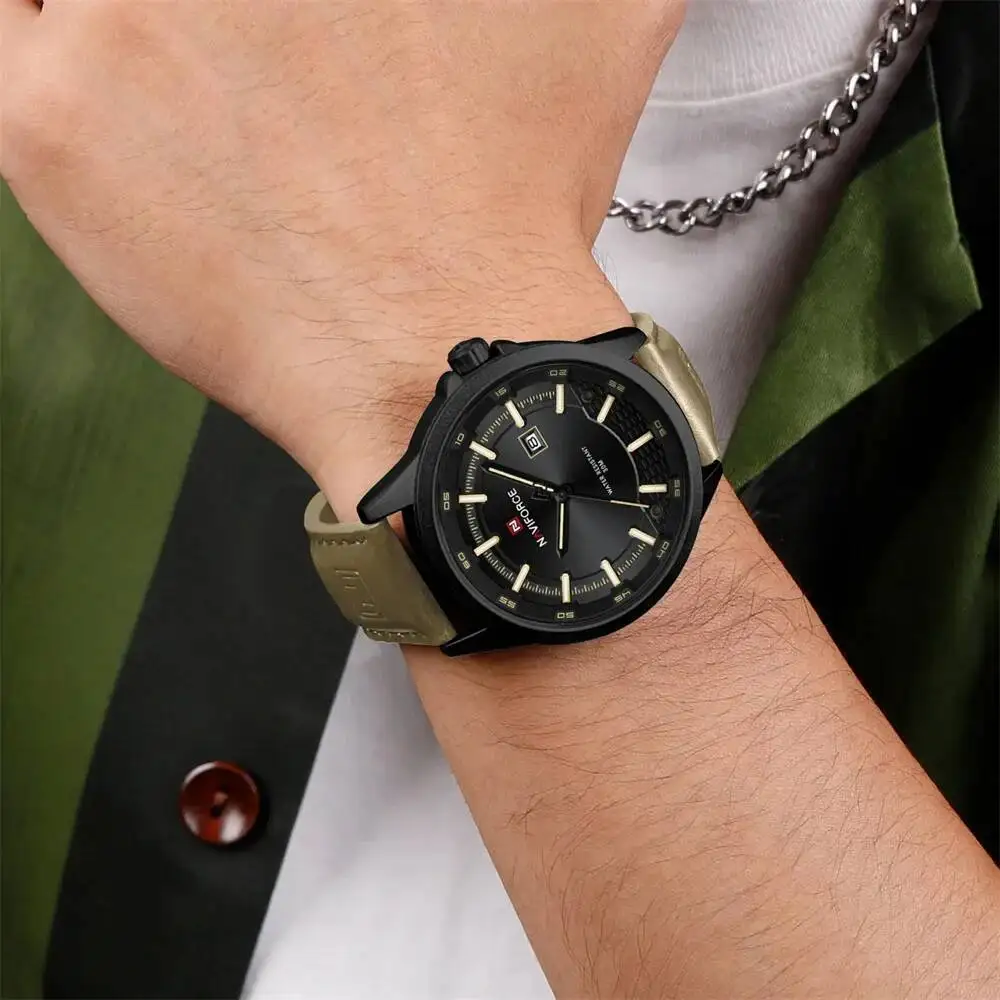 NAVIFORCE 9248L ساعة كوارتز رجالية أنيقة التقويم مضيئة مقاوم للماء حزام من الجلد خمر الأعمال ساعات عادية للرجل