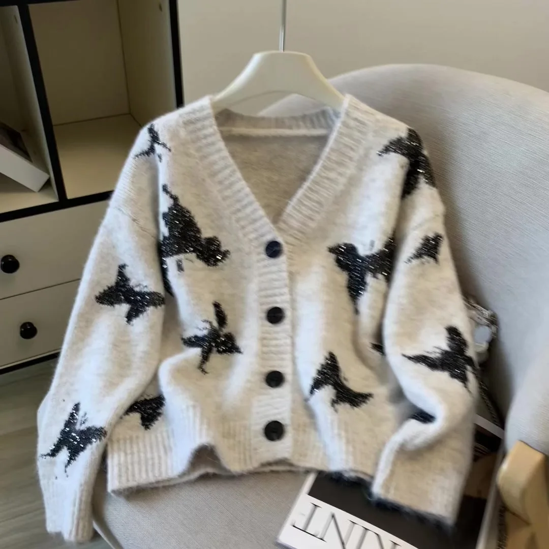 

Women's Grey Print Cardigan Sweater Vintage 2000s Y2k V-Neck Knitwear Outerwear Long Sleeves Sweater Autumn Winter Clothes 2025