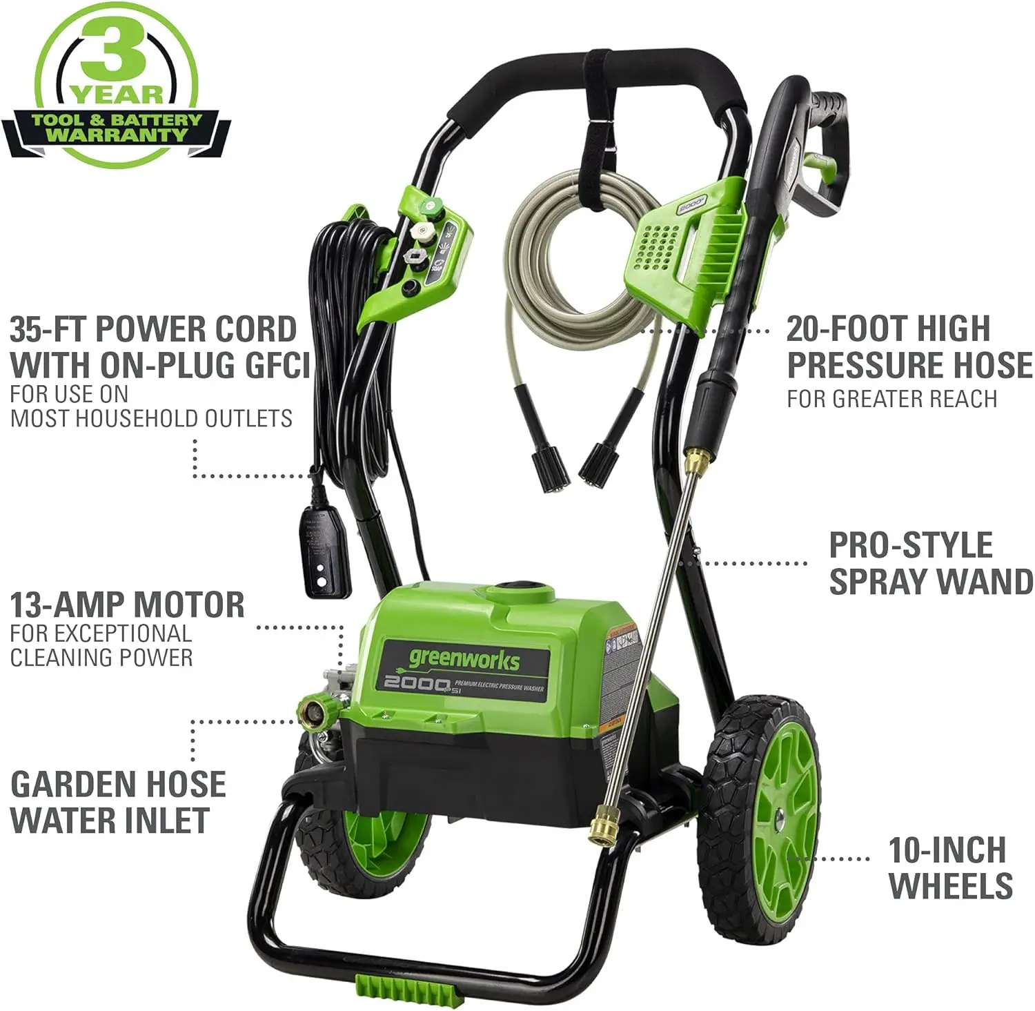 2000 Max PSI @ 1.1 GPM (13 Amp) Electric Pressure Washer (Black Frame) PWMA Certified, Green