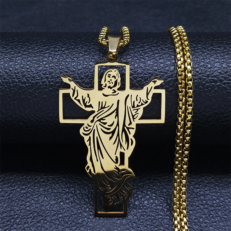 Jesus Cross Stainless Steel Pendant Necklace Gold Color for Women/Men Religious Christian Necklaces Jewelry collier N4573S02