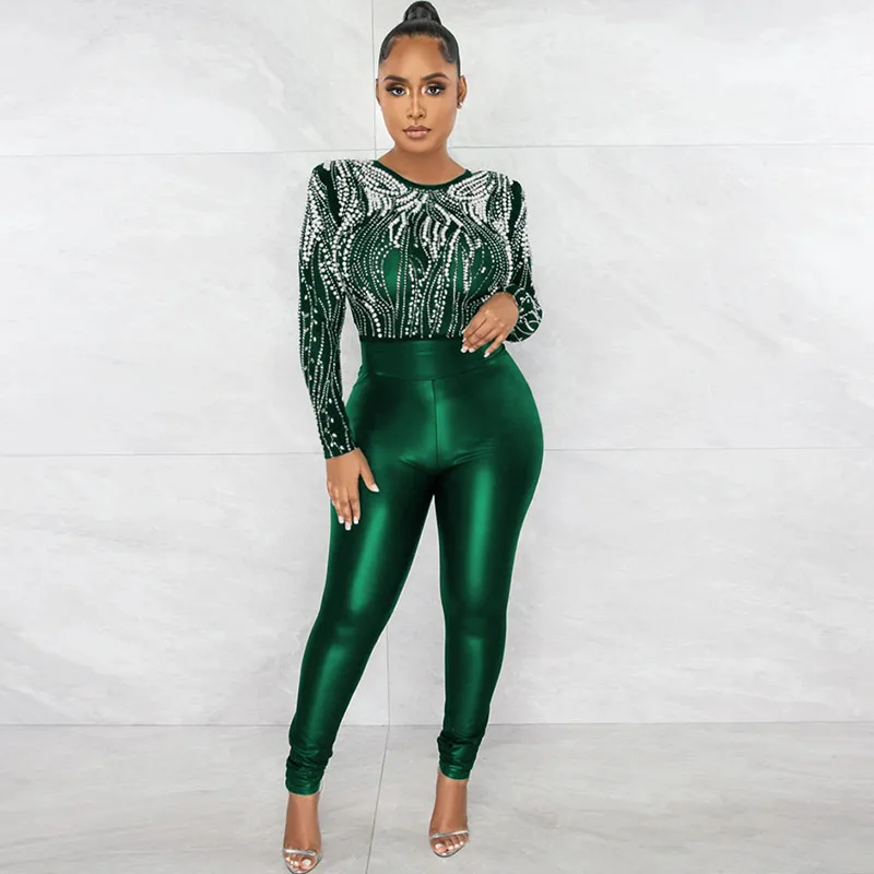 

New Design Pearls Rhinestone Jumpsuit Birthday Outfits for Women Elegant Long Sleeve Sheer Mesh Patchwrok One Piece Rompers Body