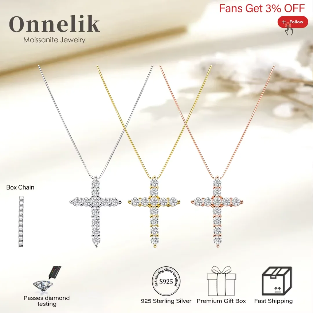 

Onnelik Full D VVS1 муассанит с бриллиантовым крестом, ожерелье из стерлингового серебра 925 пробы, цепочка из 18-каратного золота, изысканная для женщин