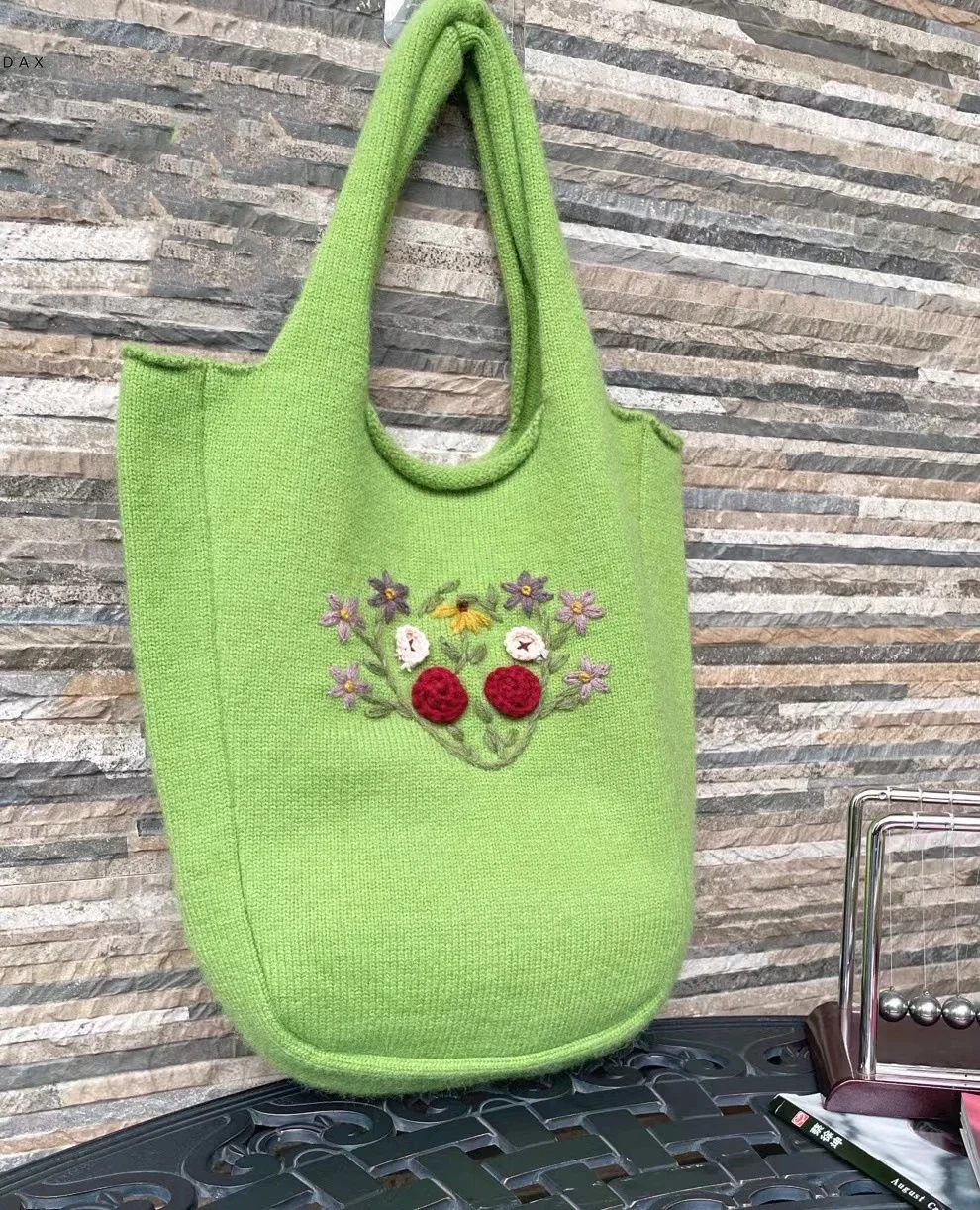 Women Handmade Embroidery Knitted Granny Aesthetic Cottage Core Bag Big Size Boho Hippie Shabby Retro Crochet Underarm Pouch Bag