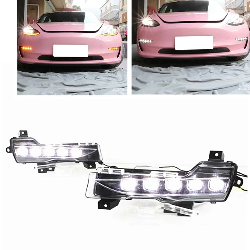 Auto LED Daytime Running Lights Modified Front Bumper Fog Lights Turn Indicators For Tesla Model 3 Y 19-22 Replacement