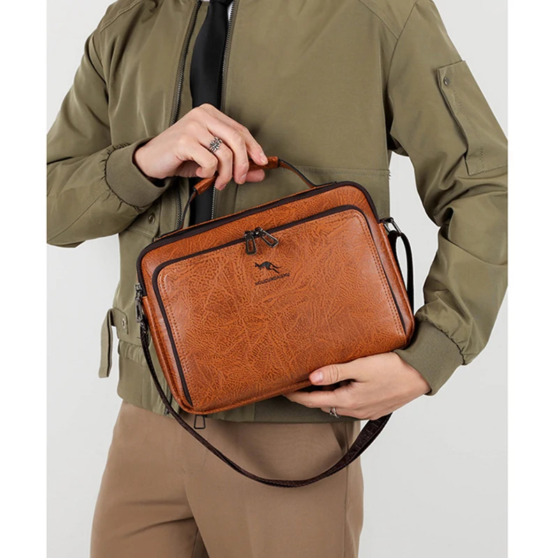 Men'S Crossbody Shoulder Bag Briefcase PU Leather Cross Handbag Tote Portable Commuting Messenger Square Side Pouch Bag Male