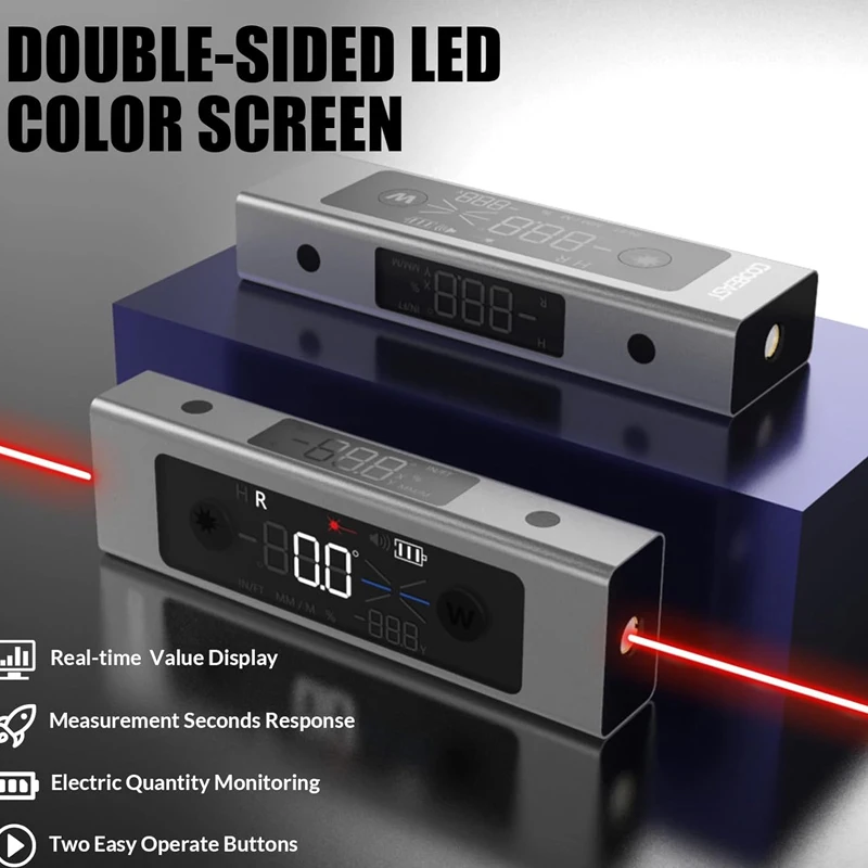 Portable Digital Angle Gauge Laser Inclinometer IP54 Waterproof Level Box with 2 LCD Backlight Display USB-C Rechargeable