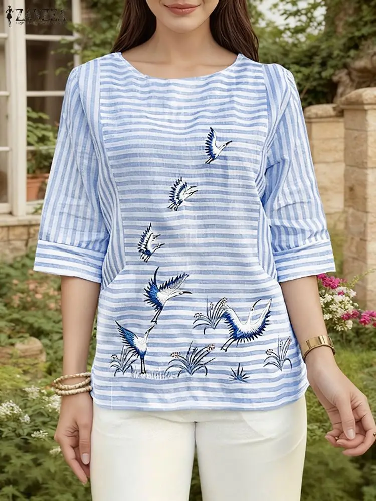 ZANZEA Vintage Haftowane Bluzki Damskie Jesień 2025 Casualowe Bluzki z Krótkim Rękawem Dekolt Okrągły Luźne Bluzki w Paski Codzienna Odzież Damska na Wakacje