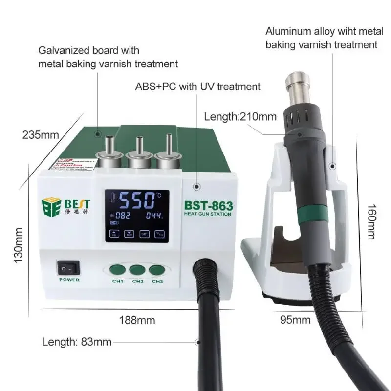 

BST 863 lead-free Adjustable Hot Air Gun rework station LCD Screen 1200W Intelligent digital display for phone CPU PCB Repair