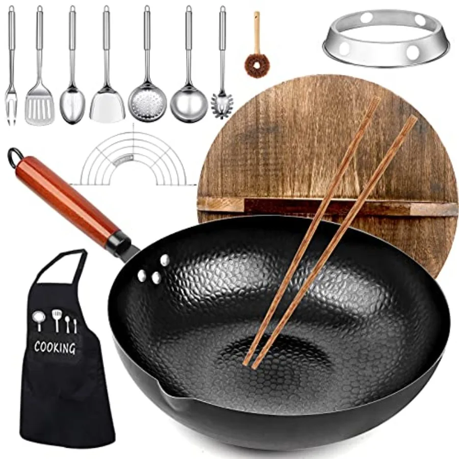 

14 Piece Carbon Steel Wok Pan, Woks and Stir-Fry Pans Set with Wooden Lid Cookwares, No Chemical Coated Flat Bottom Chinese Pan