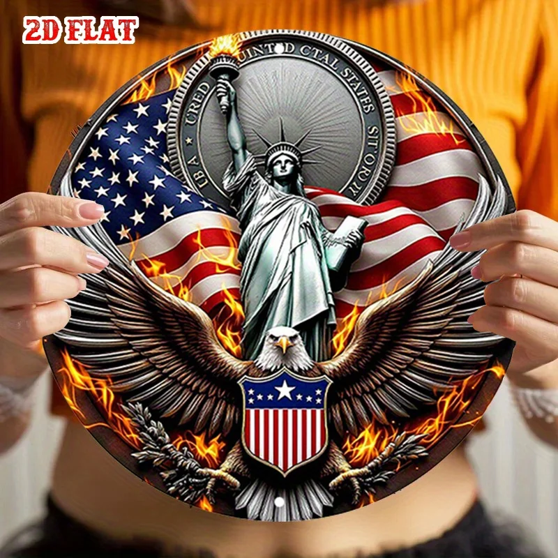 2D Flat 1pc American Flag Round Aluminum Sign, Eagle Wings Metal