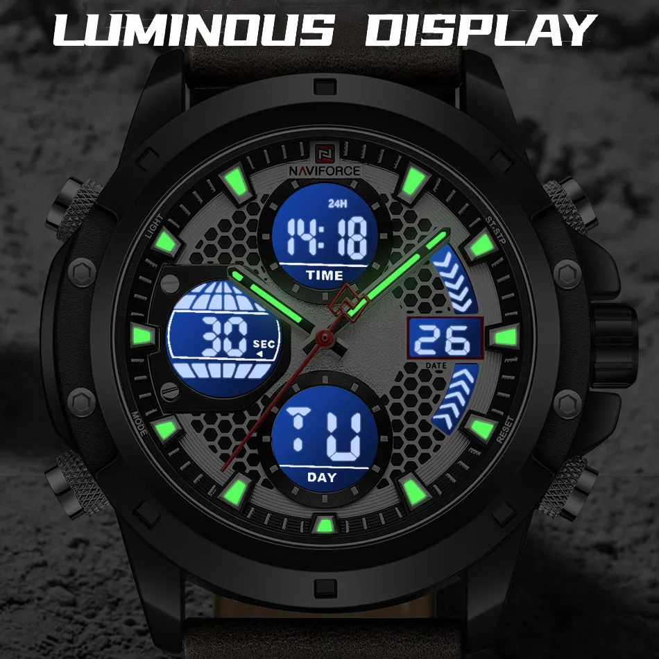 Naviforce relógio masculino esportivo pulseira de couro duplo à prova d'água relógios de quartzo led calendário luminoso relógio digital para homens reloj