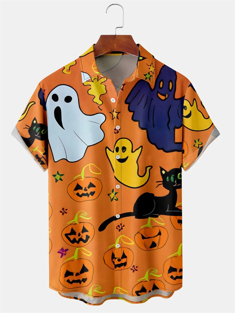 Men's Fashion Halloween Shirt Summer Cute Style Clothing Party Holiday Men Top Pumpkin Head Print Boys' Short Sleeve