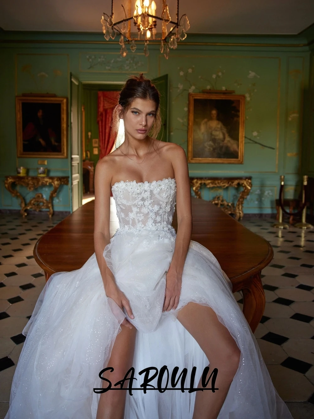 

Floral Appliques A Line Wedding Dress, Elegant Strapless Pearls Bridal Gown, Customized Dazzling Women Wear, Ethereal Tulle