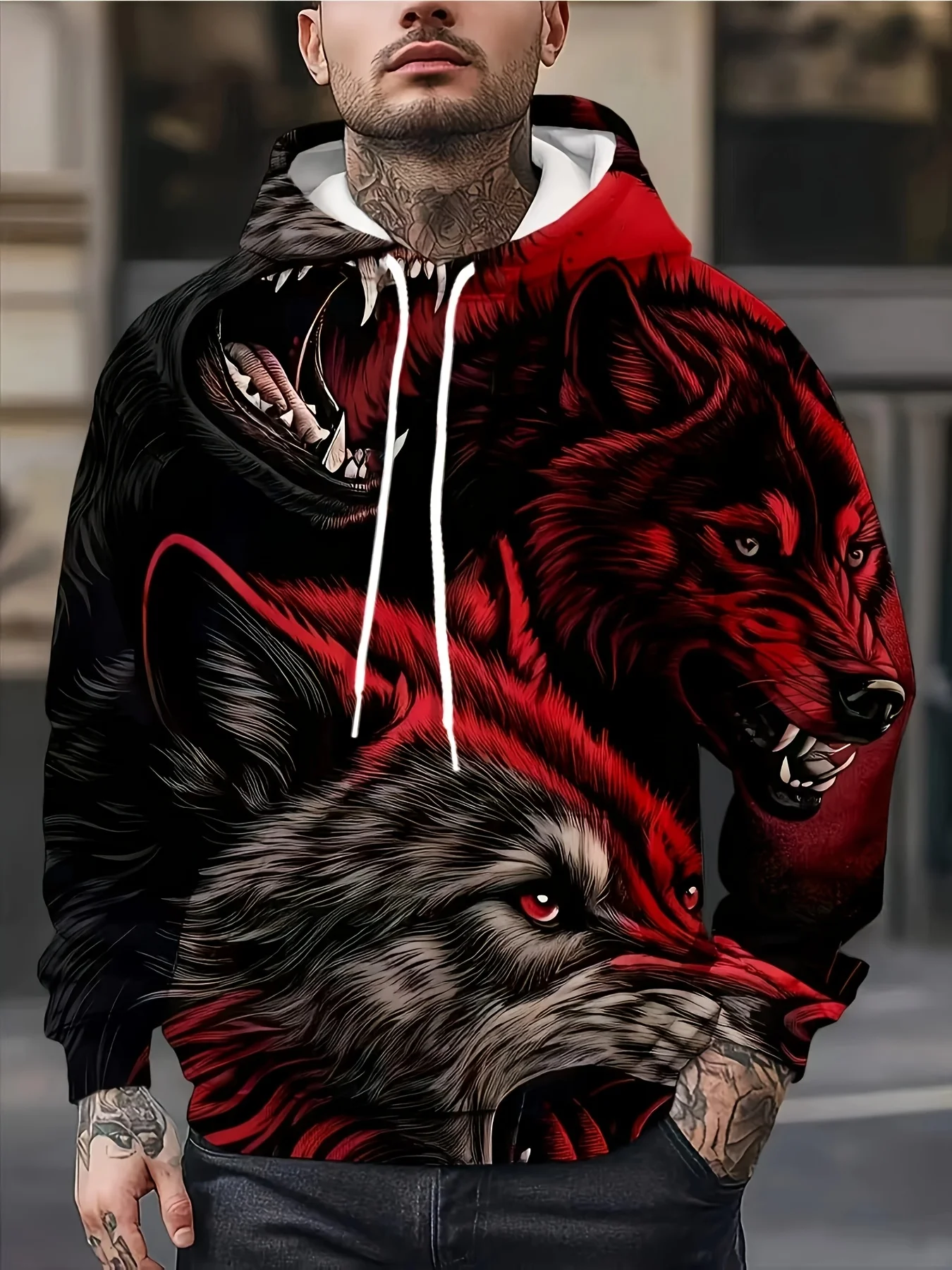 Customization Men's Wolf Pc All-Over Print Hoodie With Pockets - Black And Red Wolf Jacket, Tall Winter Apparel, Suitable For Ha