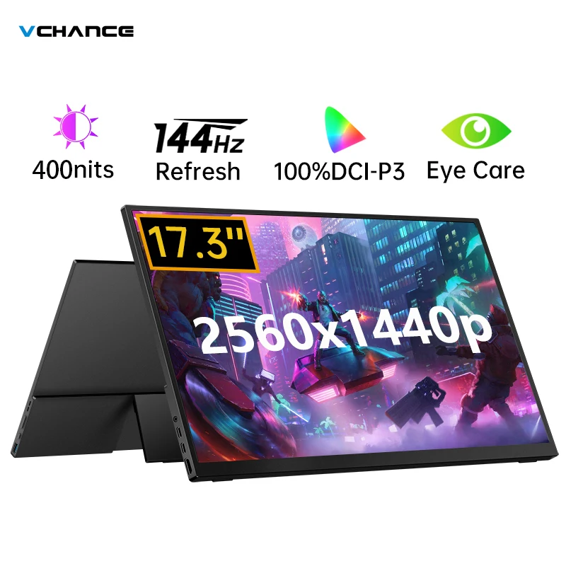 VCHANCE 17.3'' 2K Portable Gaming Monitor 144Hz 100%sRGB FreeSync 400Nit HDR Display with Stand for Laptop Mac Xbox PS5 Switch