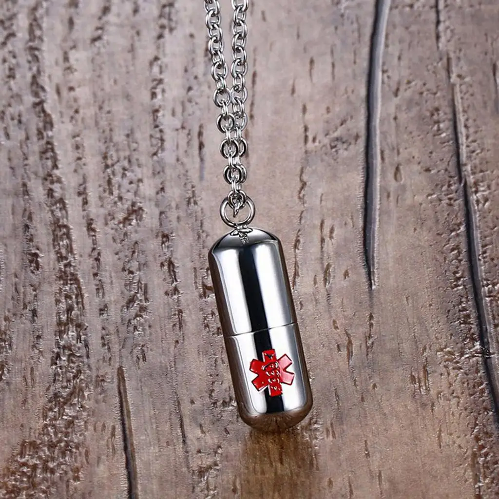 Fashion Charm Pendant Necklace Stainless Steel Red Cross Keepsake Pill Container for Medical Alert Identification - view 3