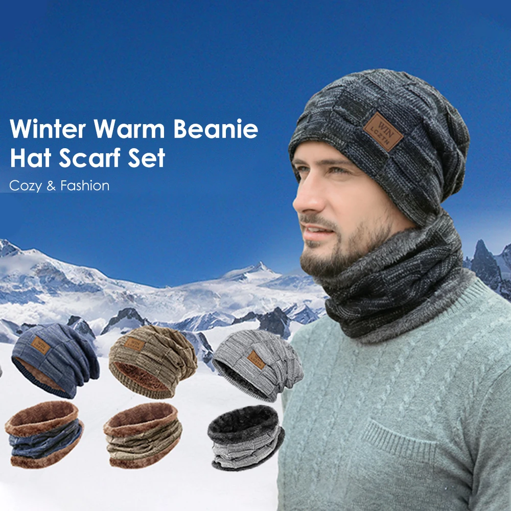 

Warm Fleece Beanie Hat Scarf Set for Men Women Winter Knitted Hat Slouchy Skull Cap Thick Plush Lined Neck Warmer Gift Set