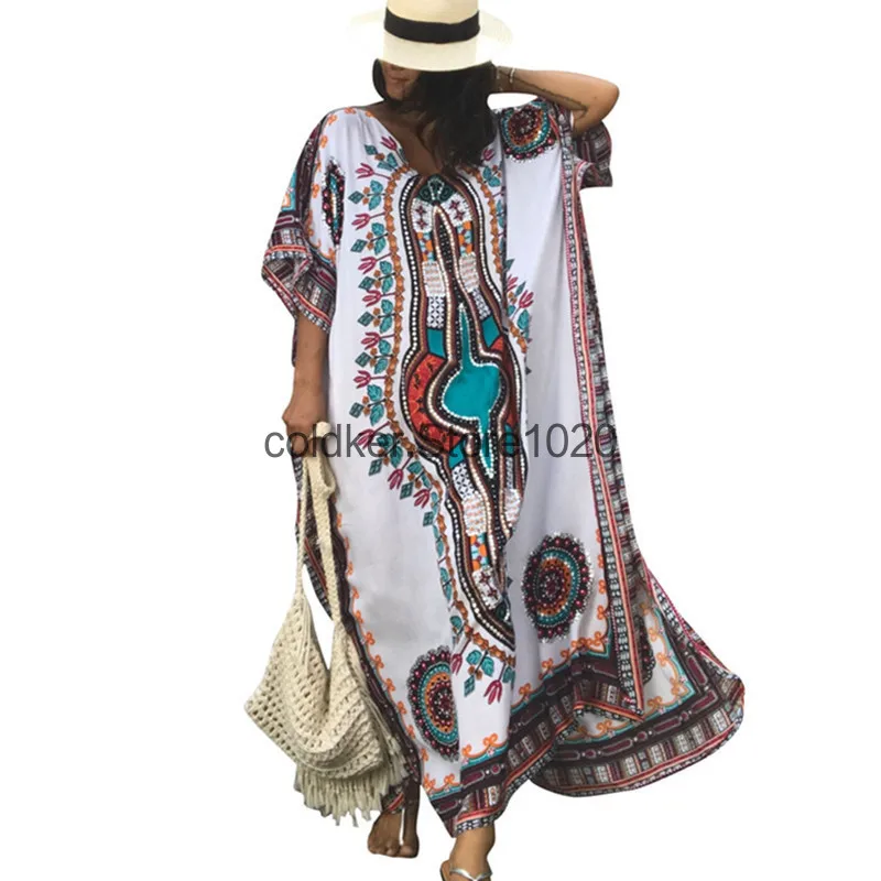 Vestido playero holgado con estampado de pavo para mujer, bata de protección solar para vacaciones, estilo bohemio, Verano