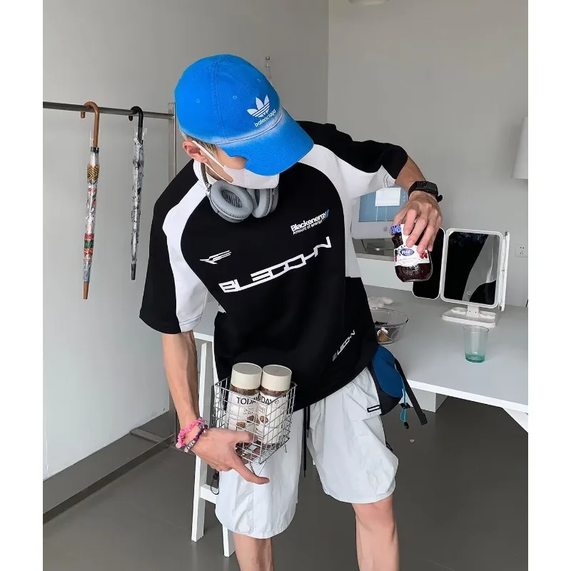 

Men's New American Retro Motorcycle Short Sleeved T-shirt, Fashionable Brand Color Matching, Oversized Quick Drying T-shirt