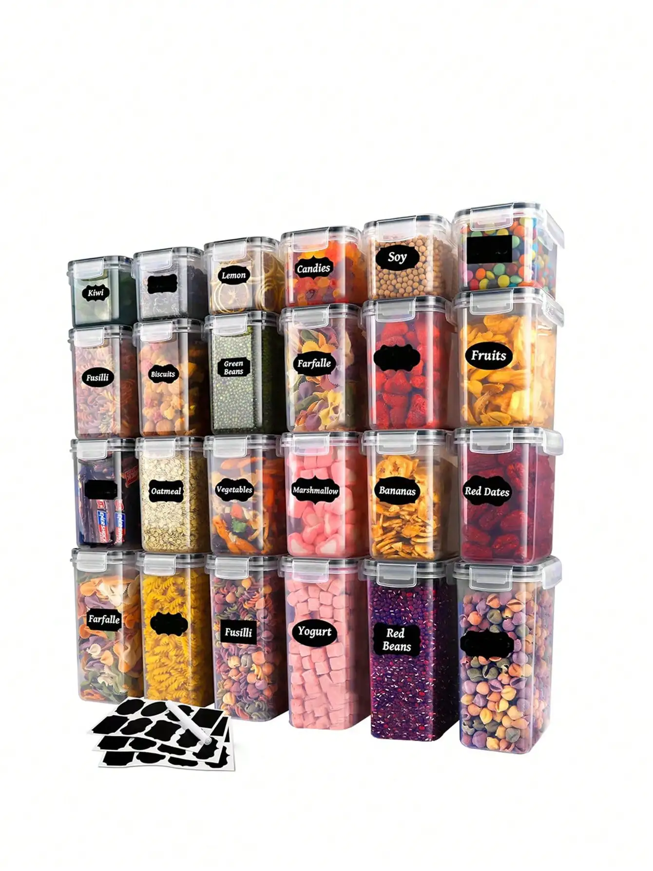 48pcs Sealed Food Storage Containers With LIDS - Lunch Boxes Ideal For Organizing And Storing Grains, Rice, Pasta, Tea, Nuts And Coffee Beans In A Kitchen Pantry - Can Be Used For Dishwasher Washing, Including Labels And Markers