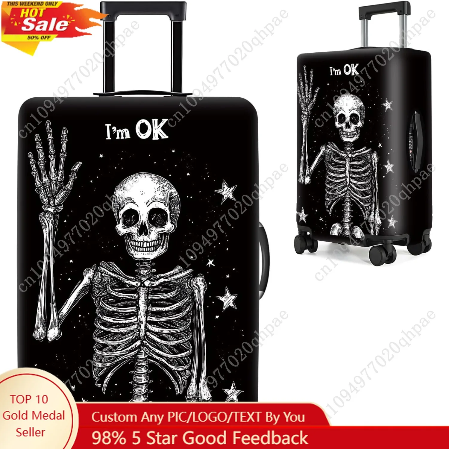 

Skeleton Luggage Cover, I'm OK Elastic Suitcase Protector with Space and Star Design, Travel Protector for 24-26 Inch Suitcase,