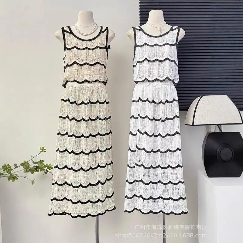 2026Summer New Women Bohemian Vacation Style Color Blocked Wave Hook Flower Korean Edition Super Fairy Fresh Skirt Two Piece Set