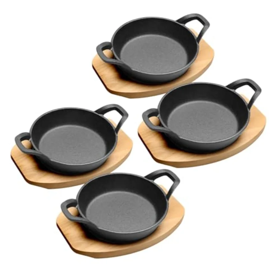 

Mini Cast Iron Skillet Set of 4 Mini Ramekins, Oven Safe, 6 Inch, 12 Oz Cast Iron Skillet Set with Wood Trivets