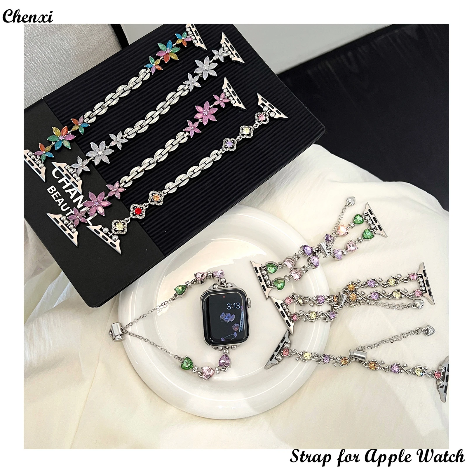 

Copper strap for Apple Watch Band Girls Flower Bracelet Chain with Iwatch98765se Ultra40 41 44 45 49mm Women Diamond Wrist