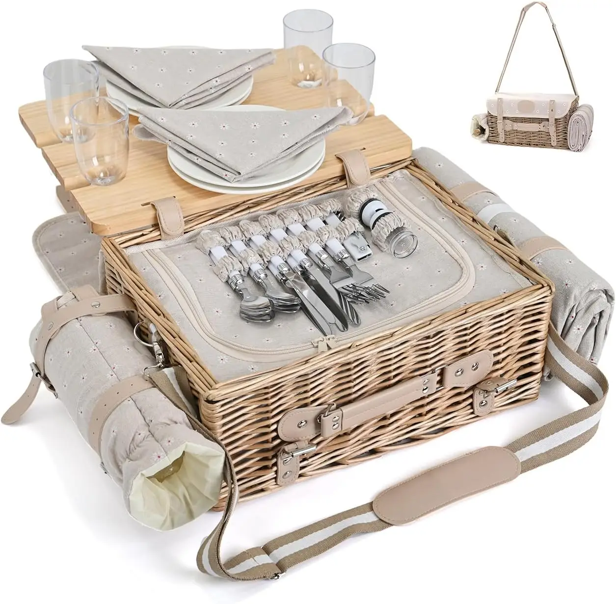 

Multifunctional Wicker Picnic Basket Set for 4 with Blanket and Picnic Table, Insulated Picnic Set with Full Tablewares