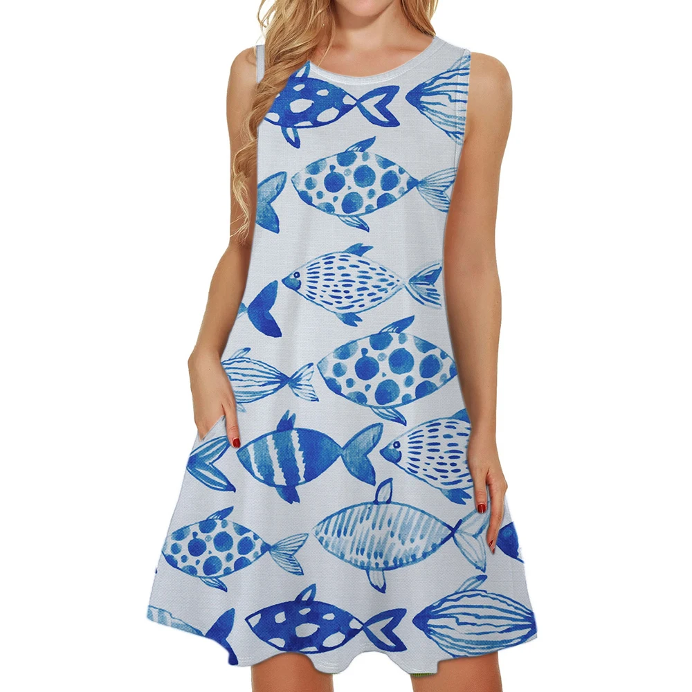 Vestidos Dresses Women O Neck Blue Cartoon Printed Sleeveless Midi Dresses Fashionable Spring Summer Elegant Beach Party Dresses