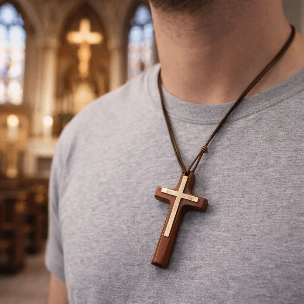 Handmade Wooden Cross Pendant Unisex Design Cross Collar Rear View Mirror Charm Blessing Rope Choker Chain Religious Accessories