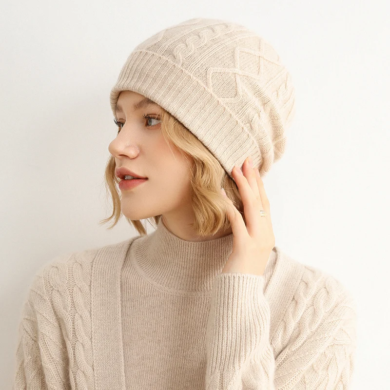 

Women's 100% Cashmere Knitted Beanie Hat Soft Warm Rhomb Pattern Solid Color Elastic Winter Fashion Skullies for Girls