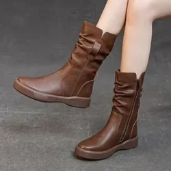 Women's Half High Boots Autumn Winter 2025 Ladies Mid Calf Shoes Leather Spring Comfortable and Elegant Gyaru Hot New In Quality