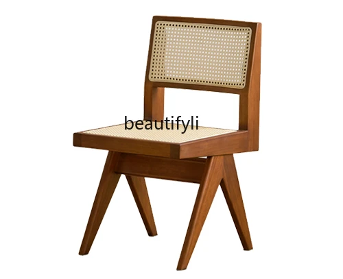 

Rattan Chair Solid Wood Retro Style Nordic Armchair Bedroom Dining Room Armrest Mid-Ancient Chair
