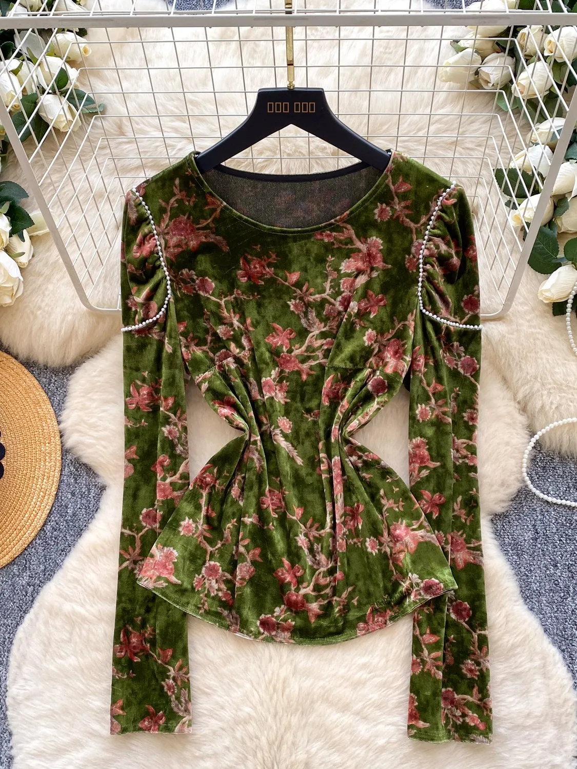 Retro Velvet Long Sve irt Damen New Sle Commute Loose Anti-Aging Ele Manner Top Blumendruck Koreanische Version