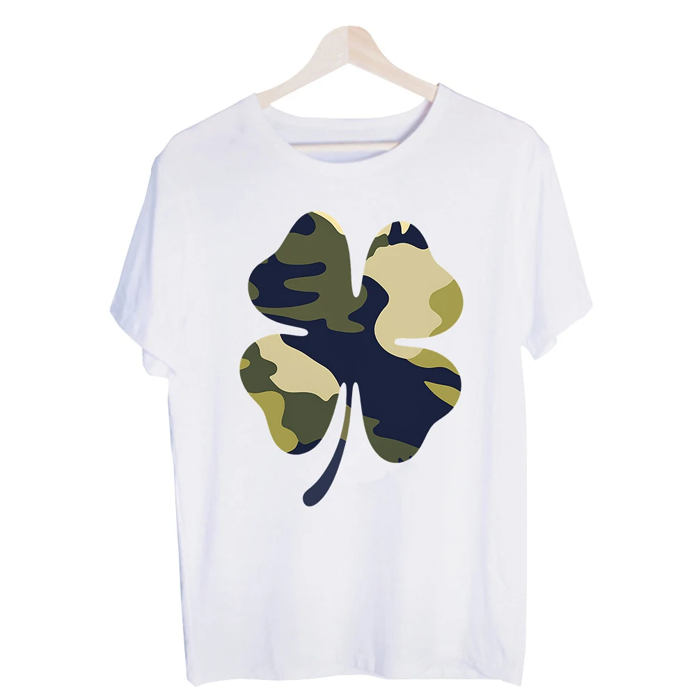 Men's Camouflage Four-Leaf Clover Graphic Tee, Short Sleeve Crew Neck T-Shirt for Casual Daily Wear and Outdoor Style