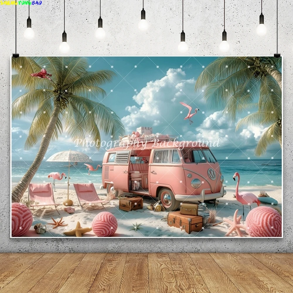 Sommer Luau Aloha Flamingo Hintergrund Meer Tropischer Palme Rosa LKW Ball Seestern Urlaub Spielen Party Foto Hintergrund