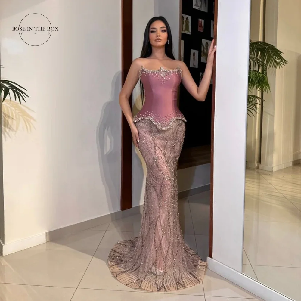 

ROSEINTHEBOX Customized Strapless Satin-lace Evening Dresses with Luxury Sequin Corset Mermaid فساتين سهرة Formal Gown