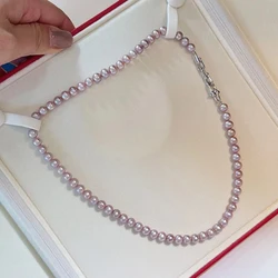 Lucky Color Purple 5-6mm Natural Purple Freshwater Nucleusless Real Pearl Necklace for Women with 925 Silver Horseshoe Clasp