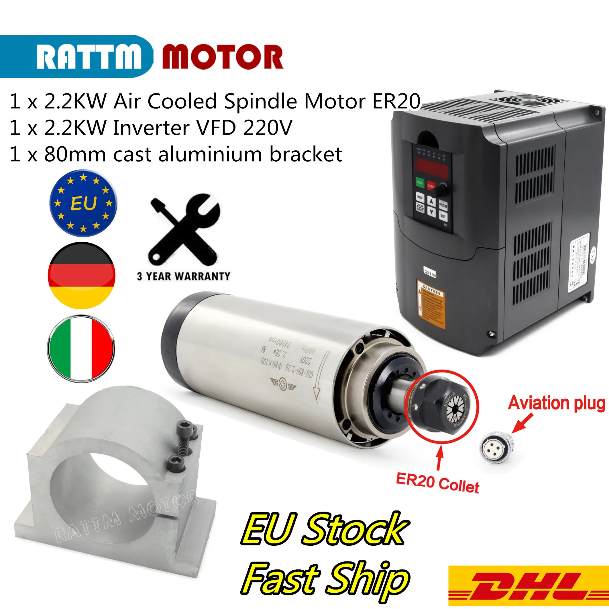 〖EU Stock〗CNC Spindle 2.2Kw Air Cooled Spindle Motor 220V 8A 24000rpm ER20 Runout-off 0.01mm 4bearing & HY Inverter & 80mm Clamp