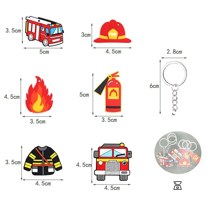 

6pcs Fire Truck PVC Keychains Truck Lifejacket Helmet Flame Key Rings Kid's Gift Fillers For Firefighter Birthday Party